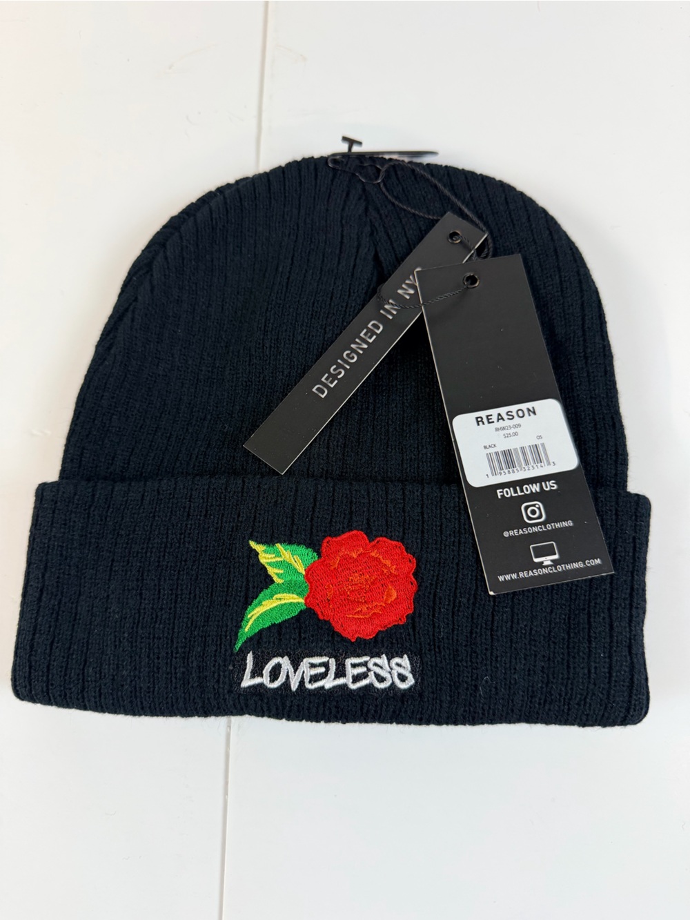 Reason Black Ribbed Beanie with Red Rose Patch